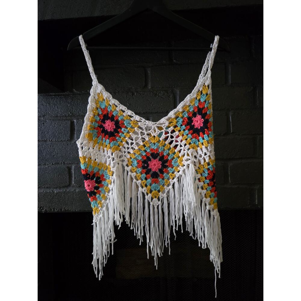 Boho Granny Square Crochet Crop Top Fringe Tassel Multicolored Hippie Festival